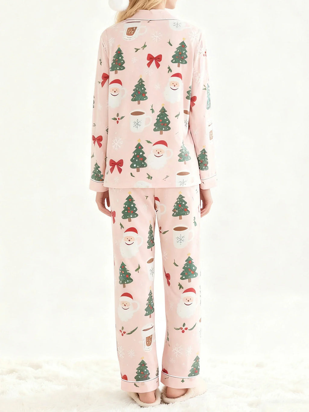 Women's 2025 Christmas Pajama Set Long Sleeve Lapel Santa Claus Christmas Tree Print Shirt Pants Two Pieces Sleepwear