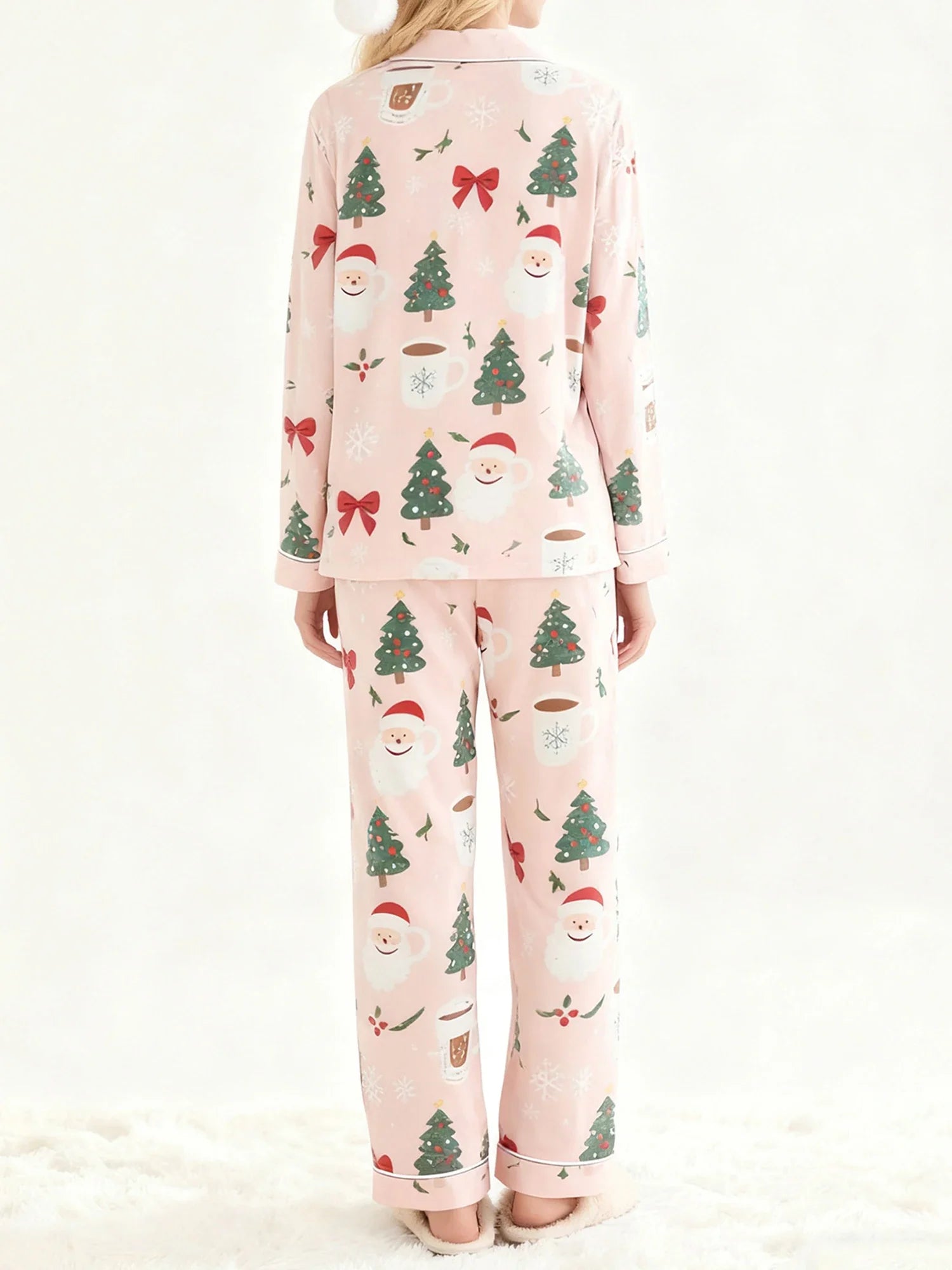 Women's 2025 Christmas Pajama Set Long Sleeve Lapel Santa Claus Christmas Tree Print Shirt Pants Two Pieces Sleepwear