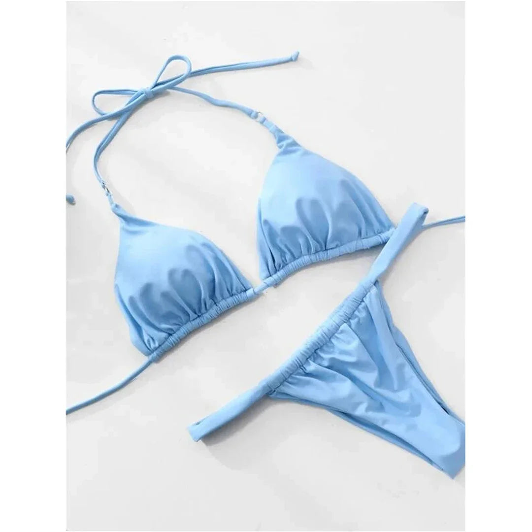 Wrinkled High Cut Mini Micro Thong Bikini Women Swimwear Female Swimsuit Two-pieces Bikini Set Halter Bather Bathing Suit Swim