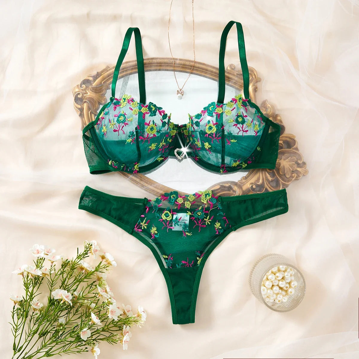 French vintage green floral embroidery lingerie set - Sexy see-through chiffon bra and panties set ZA824026