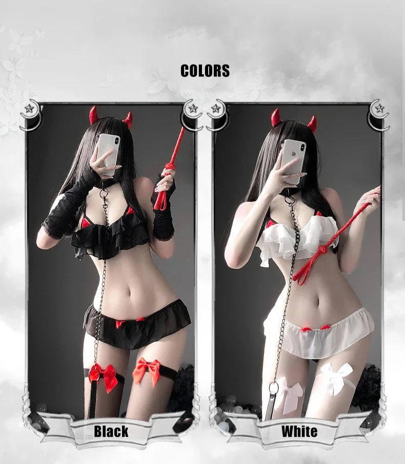 Porn Sexy Little Devil Cosplay Costumes Women Sexy Lingerie Chiffon 3Pcs Confortable Stretch Bra Set Erotic Gothic Outfit