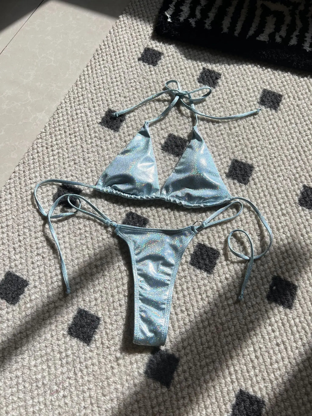 Halter Shiny PU Faux Leather Bikini Female Swimsuit Women Swimwear Two-piece Bikini Set Mini Micro Thong Bathing Suit Swim Lady