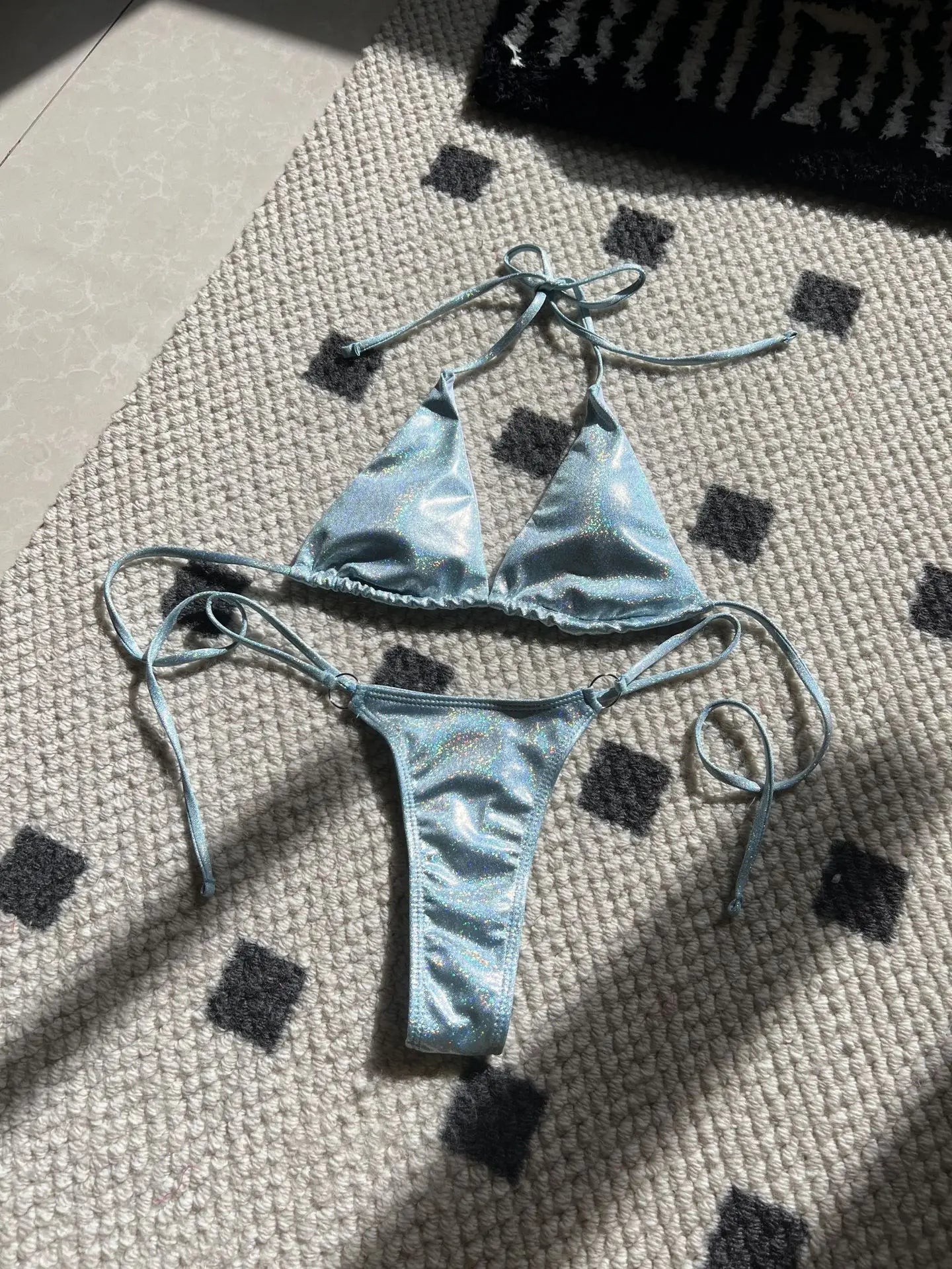 Halter Shiny PU Faux Leather Bikini Female Swimsuit Women Swimwear Two-piece Bikini Set Mini Micro Thong Bathing Suit Swim Lady
