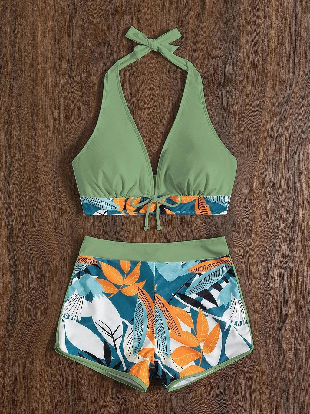 2026 Summer Women's Print Patchwork Swimsuit Sexy Deep V Neck Back Lace-up Swimwear High Waist Shorts Tankini Bathing Suit Beach