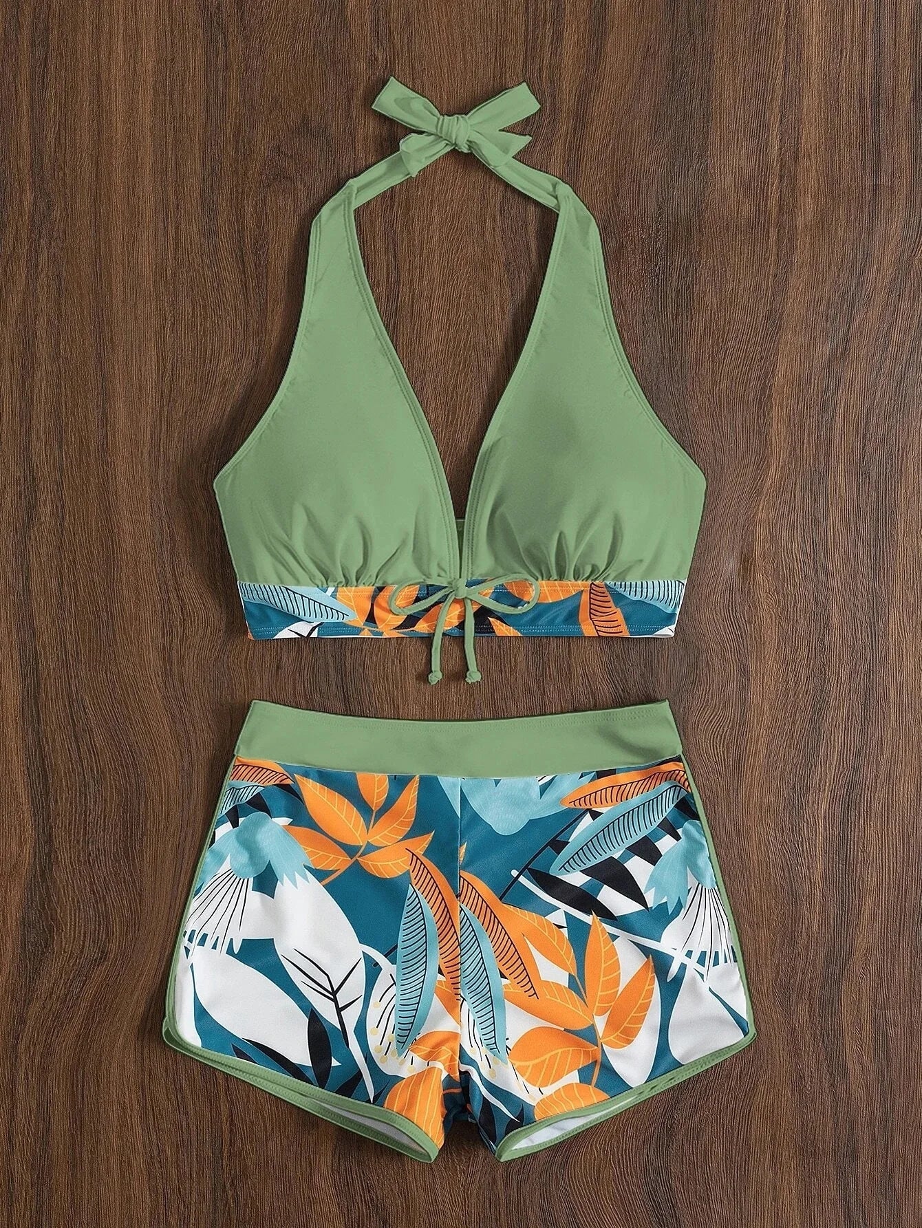 2026 Summer Women's Print Patchwork Swimsuit Sexy Deep V Neck Back Lace-up Swimwear High Waist Shorts Tankini Bathing Suit Beach