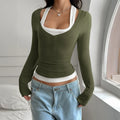 Women's Y2K Fake Two Piece Long Sleeve Cami Top, Fashion Slim Fit Sexy Streetwear T-Shirt