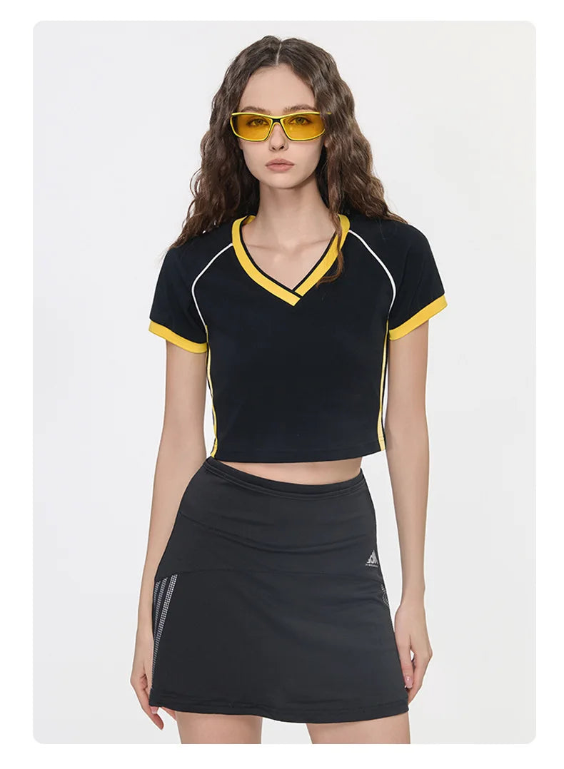 Hot girl top V-neck exposed navel contrasting color splicing clothes women's street short-sleeved T-shirt