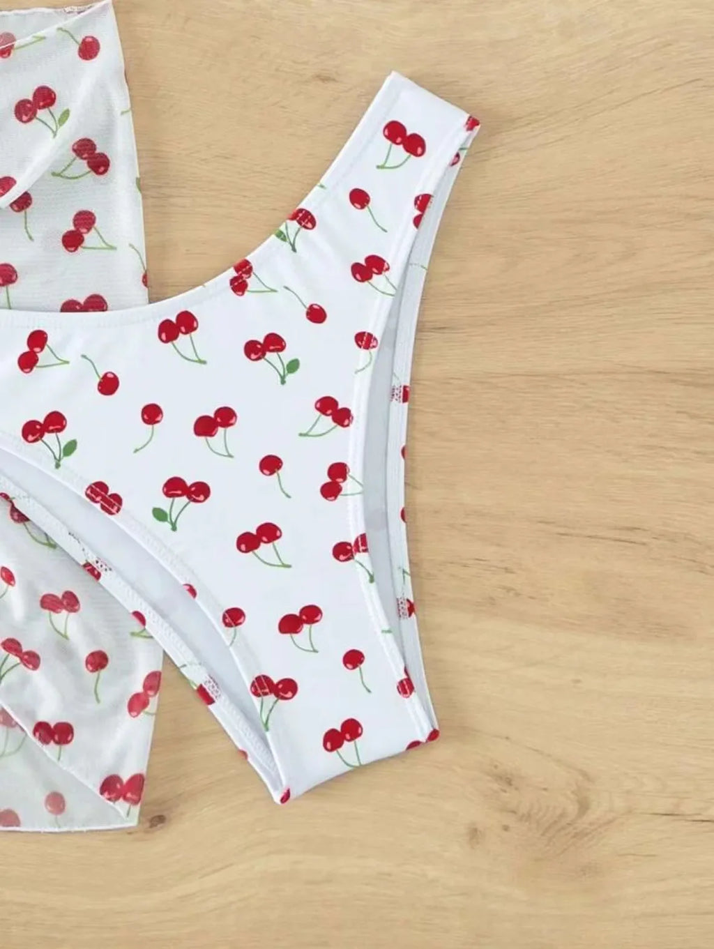 Women French Chic Cherry Print Bikini Sets Three Pieces with Mesh Skirt Swimsuit Swimwear Bathing Suit Beach Outfits Biquini