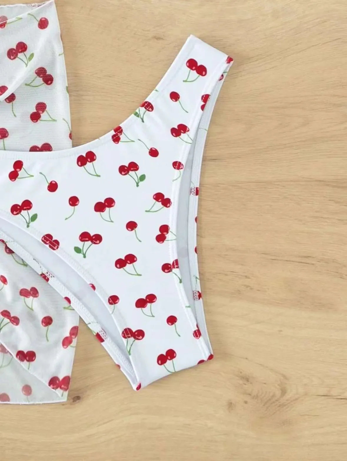 Women French Chic Cherry Print Bikini Sets Three Pieces with Mesh Skirt Swimsuit Swimwear Bathing Suit Beach Outfits Biquini