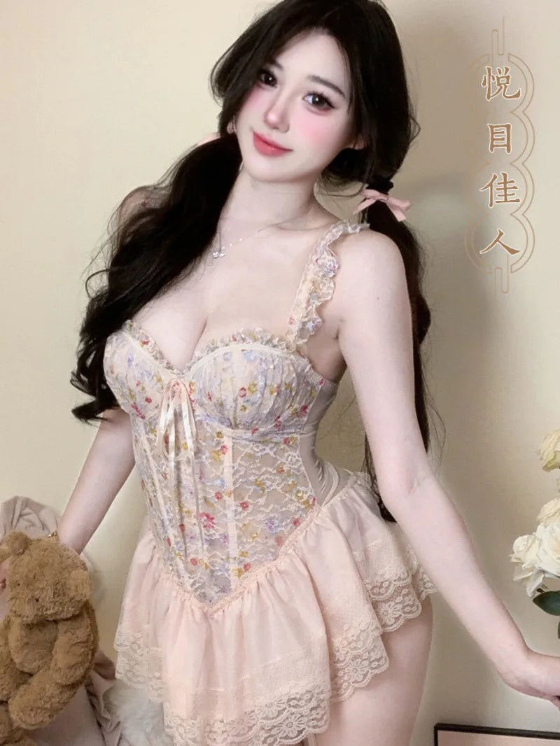 Sexy French Style Light Luxury Sexy With Chest Pads Pure Desire Floral Print Dress Backless Deep V Sleeveless Dress Elegant MO9K