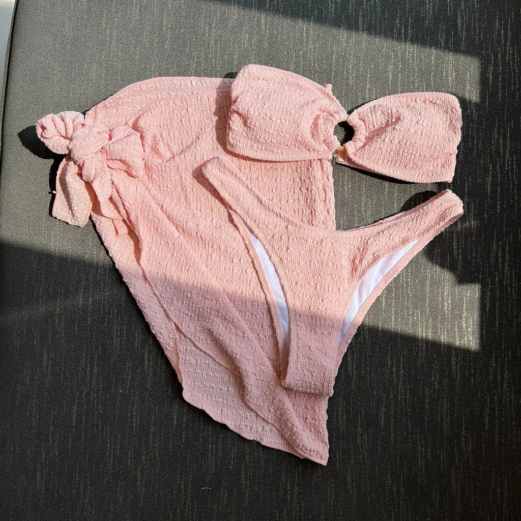 sexy bandeau ring bikinis sets three pieces with cover skirt bathing suit swimwear beach wear thong swimsuits biquini tankini