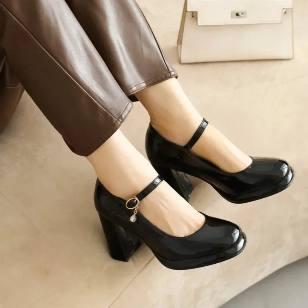 Spring and Autumn New Styles Fashion High-heeled Women's Shoes Shallow Mouth Buckle Square Heel Women Shoes Size 34-45 High 9cm