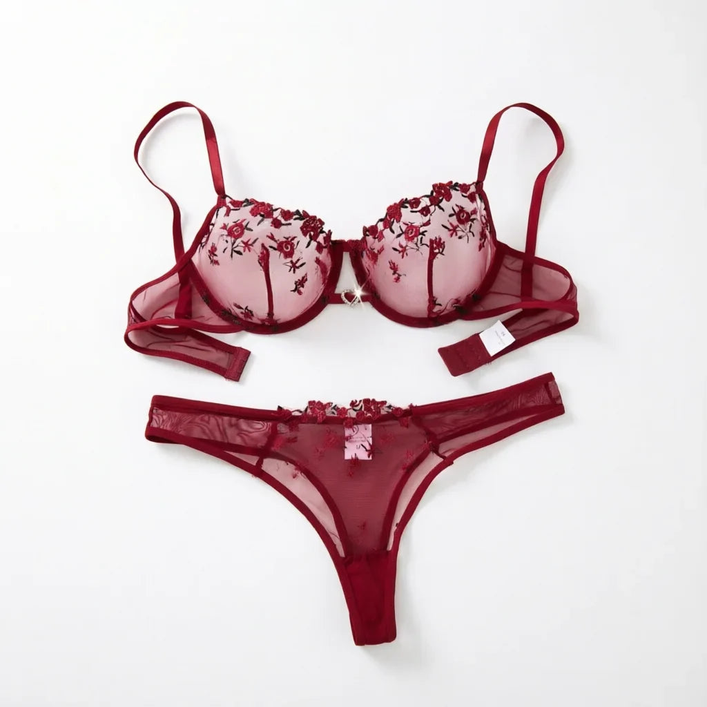 Ladies' wine red heart-shaped design embroidered semi transparent comfortable breathable underwear set, suitable ZA825026