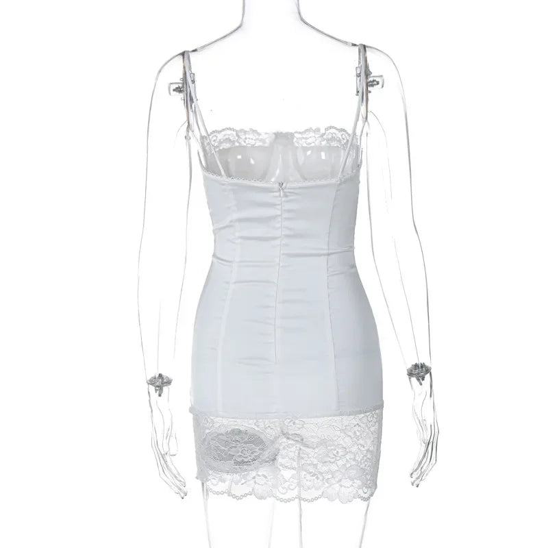 FDYOUI Women's Lace Patchwork White Wedding Party Dresses Sexy Spaghetti Strap Backless Skinny Mini Evening Prom Dress Clubwear