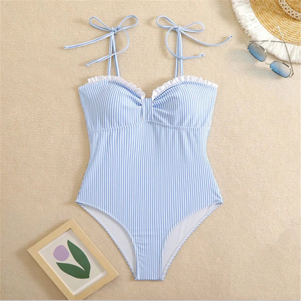 S - XL New Sexy Striped Frilled Strappy Women Swimwear One Piece Swimsuit Female Monokini Padded Bather Bathing Suit Swim V6949