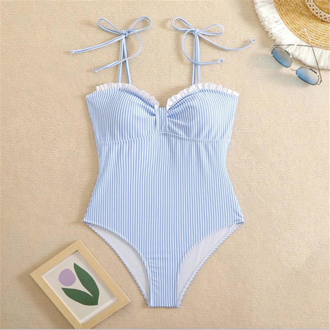 S - XL New Sexy Striped Frilled Strappy Women Swimwear One Piece Swimsuit Female Monokini Padded Bather Bathing Suit Swim V6949