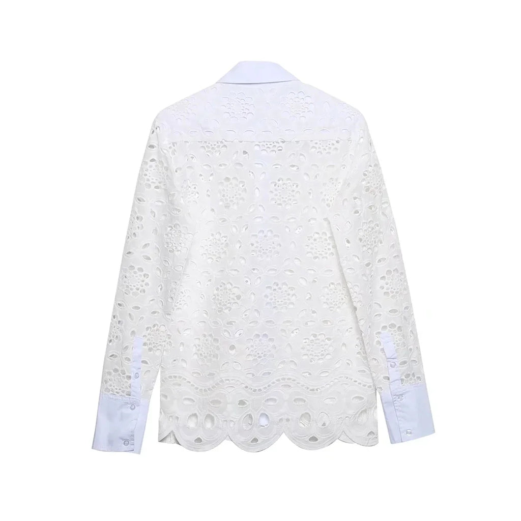 Spring Women Summer White Lace Dress Set Hollow Out Embroidery Shirt Skirt 2 Pcs Robe Outfits Single Breasting Cotton Maxi Dress