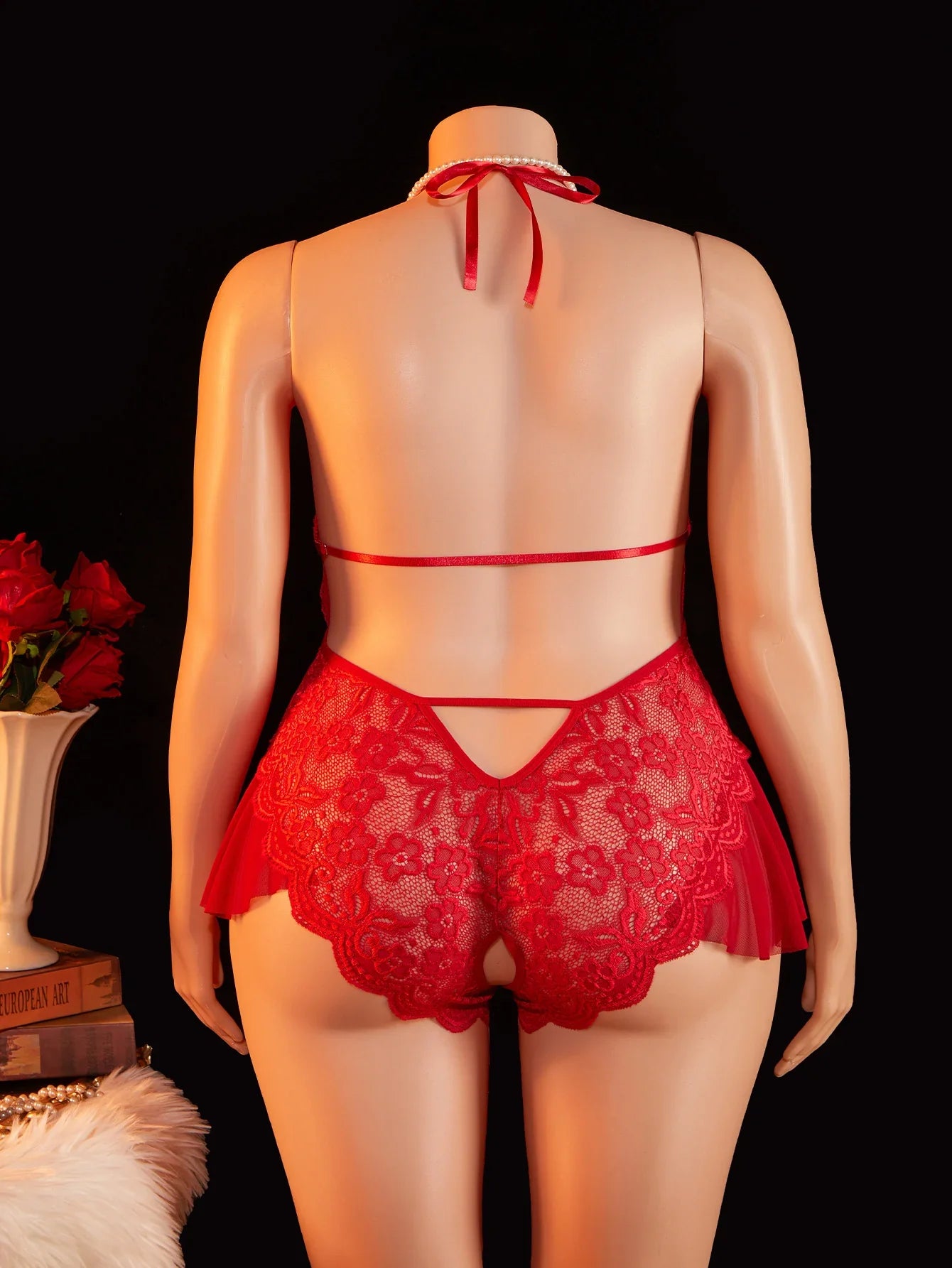 Adult Sexy Lace Teddy Bodysuit For Women Deep V Neck Open Back Halter Design Romantic Hot Women's Lingerie Babydoll Sleepwear