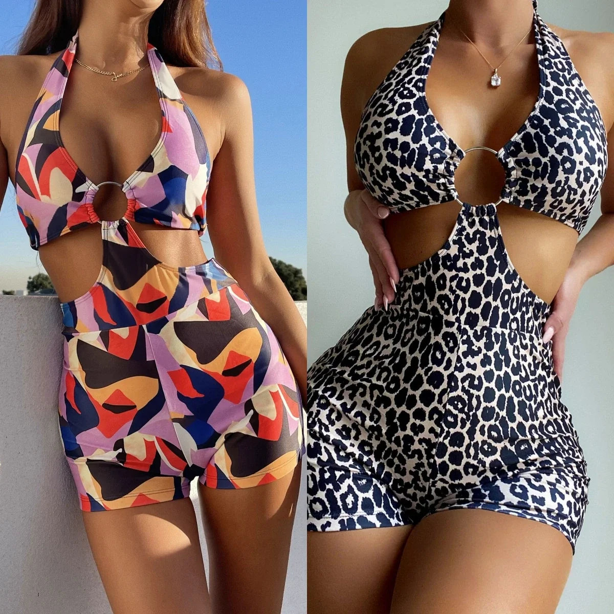 2 Colors Sexy One Piece Swimsuit Swimwear Women Black Leopard Colorful Print High Waist Halter Bathing Suit Beachwear Metal Hoop