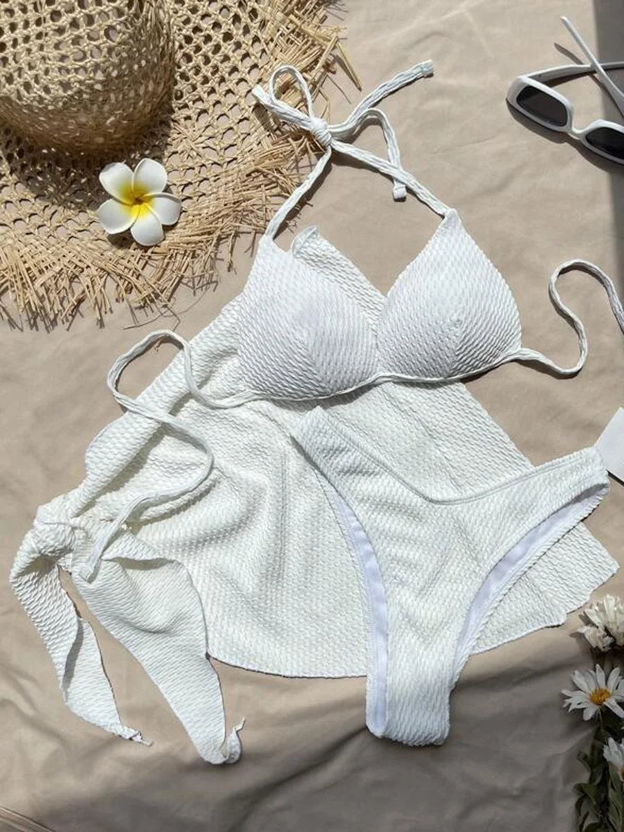 With Beach Sarong Bra Cup Wrinkled Bikini Female Swimsuit Women Swimwear Three-pieces Bikini Set Push Up Bathing Suit Swim Lady