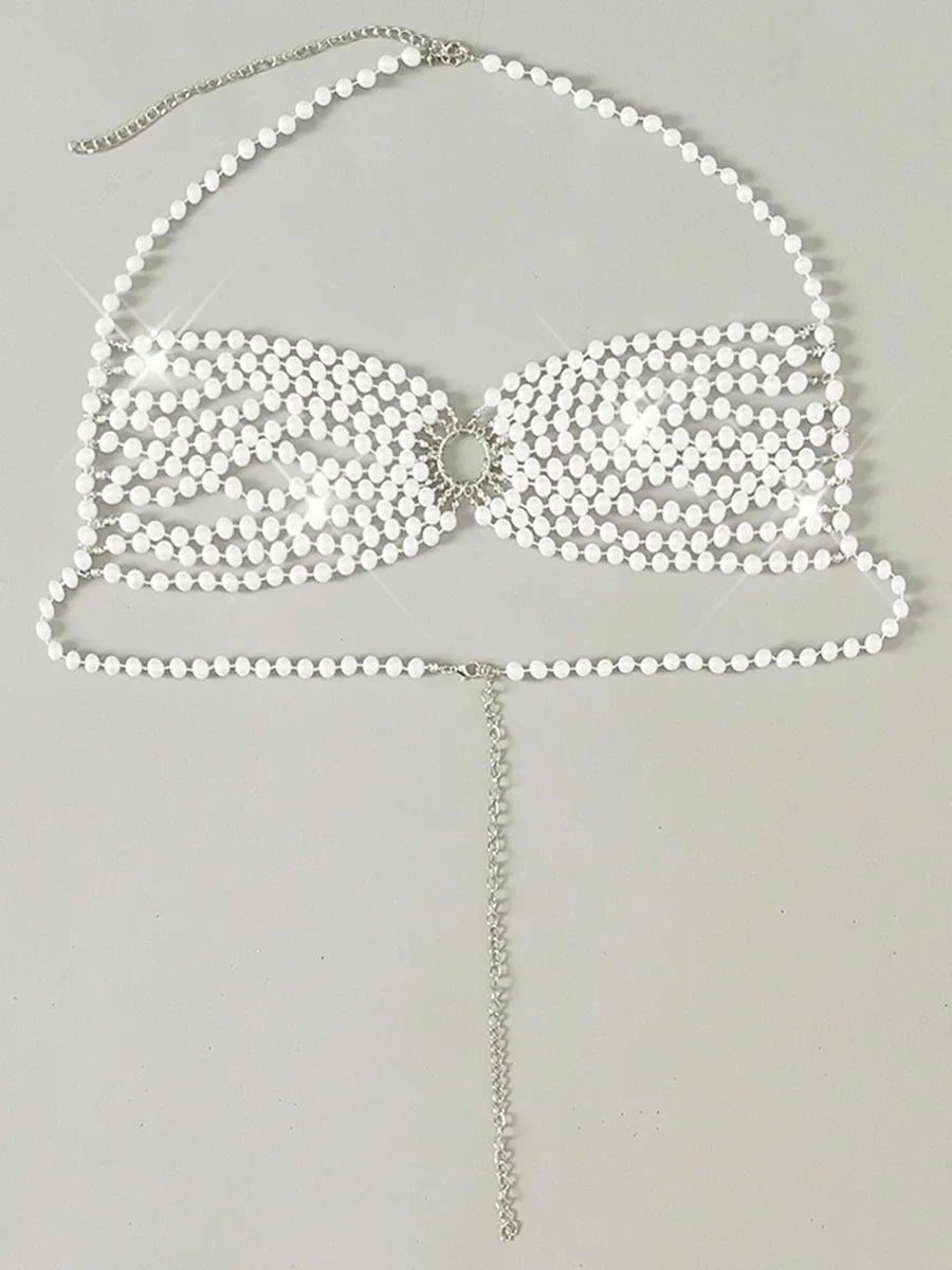 Luxury Pearls Chain Halter Hollow Out See Through Bikini Top Female Swimsuit Women Swimwear Bather Bathing Suit Swim Beach Top