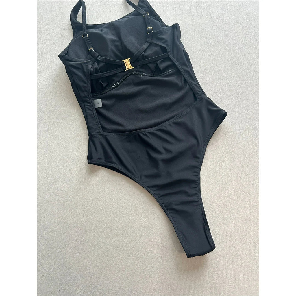 Metal Ring Backless Black Women Swimwear One Piece Swimsuit Female Brazilian High Leg Cut Padded Bather Bathing Suit Swim V7512