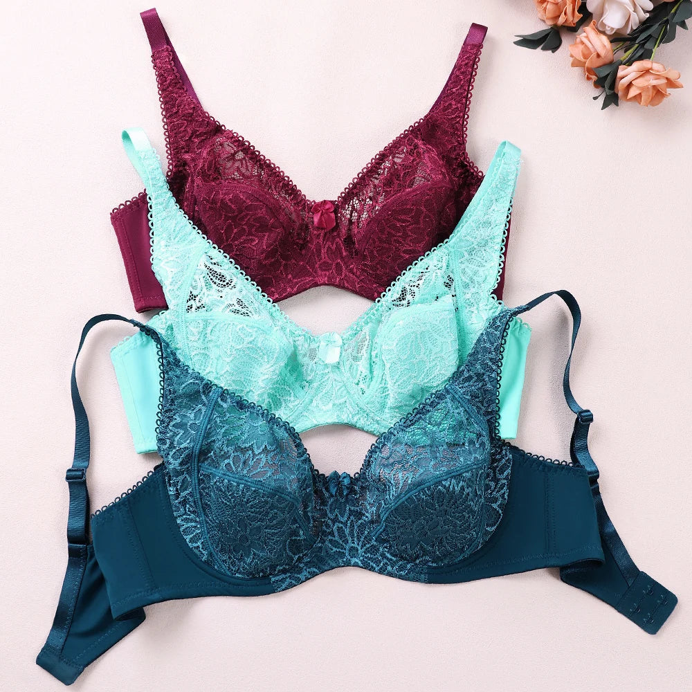 3 Pcs Womens Bras Ultra-Thin Perspective Lace Sheer Plus Size Bra Underwire Sexy Underwear Lingerie BH Tops D E F Cup
