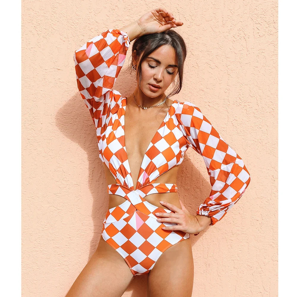 One Piece Swimsuit Sexy Long Sleeve Tropical Print Swimwear Women Bandage Monokini Hollow Out Bathing Suit String Beachwear 2023