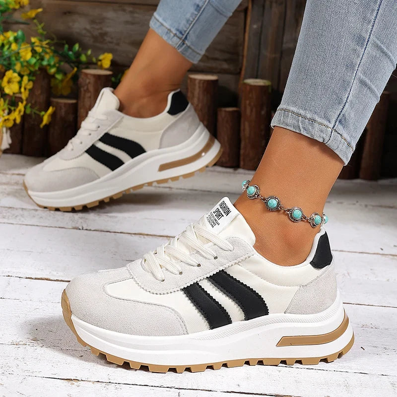 Fashion Stripe Thick Bottom Sneakers Women 2026 Autumn Platform Lace Up Sport Shoes Woman Anti Slip Thick Sole Running Shoes