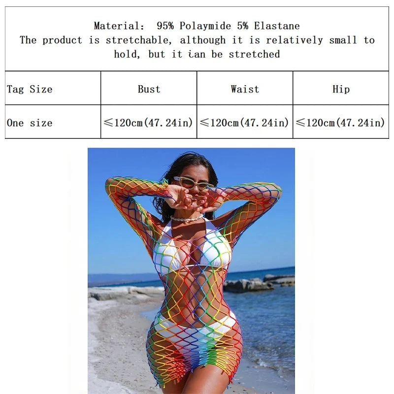1PC Women's Sexy Rainbow Fishnet Beach Cover Up, Long Sleeve Iridescent Hollow Out Bodycon Dress, See-Through Summer Swimwea