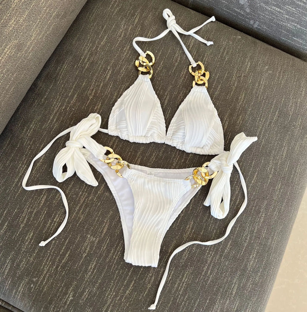 Sexy Metal Chain Thong Bikini 2025 Women White Black Cut Out Push Up Micro Swimsuit Beach Bathing Suit Tie Side Thong Swimwear