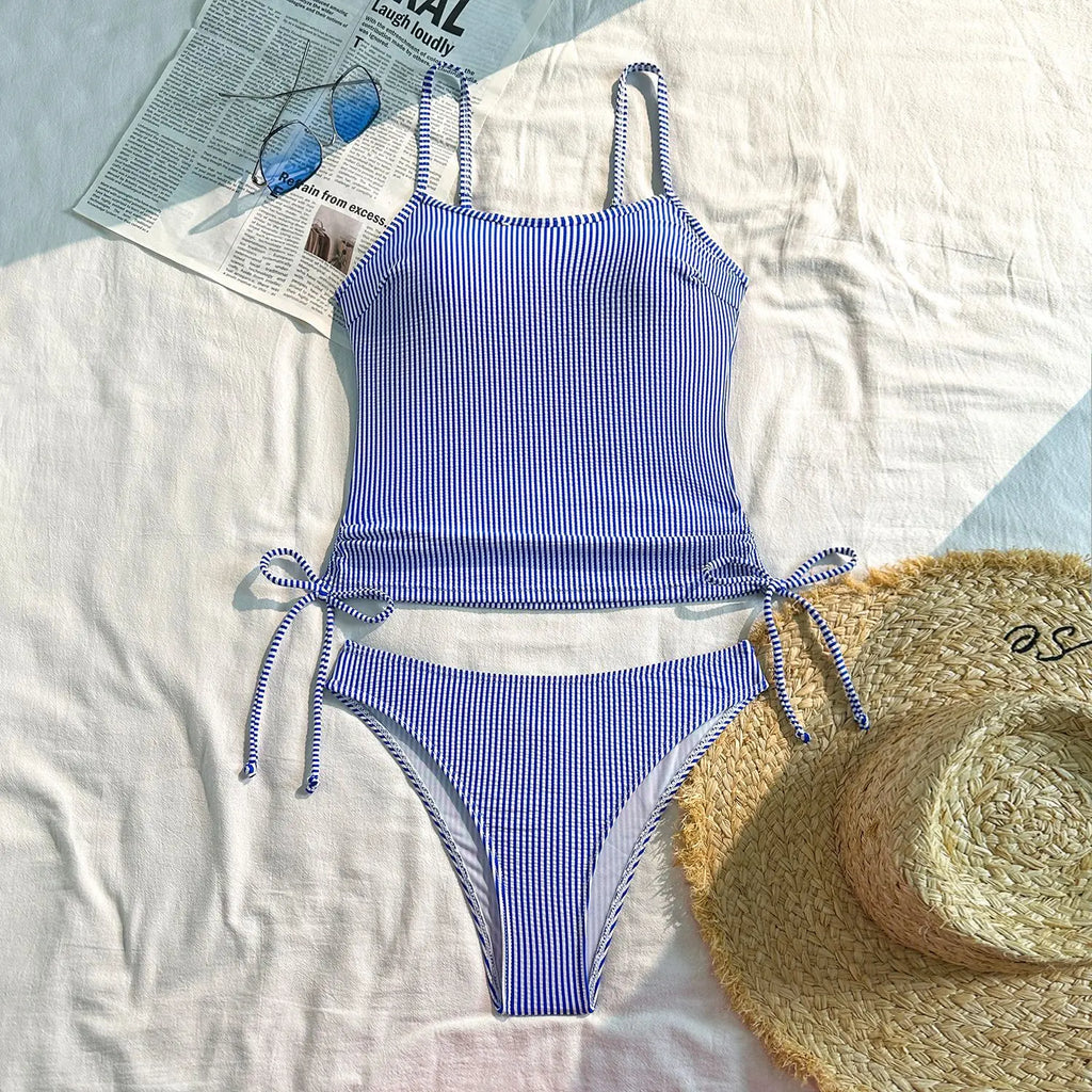 2025 New Split Swimsuit Women's Drawstring Backless Fashion Sexy Stripes Gather Slim and Thin Swimsuit Купальник Женский