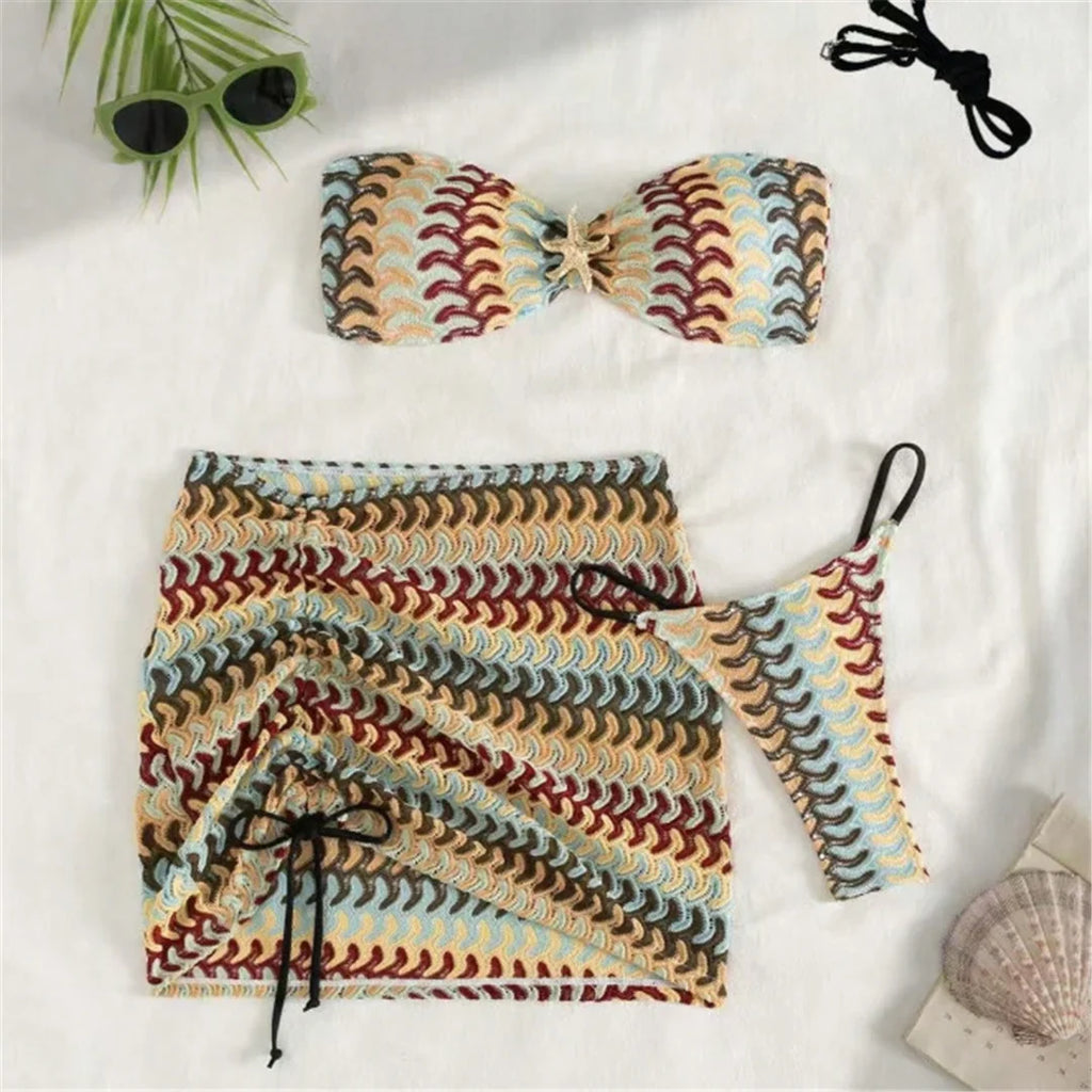 S - XL New Waves Printed With Skirt Bikini Women Swimwear Female Swimsuit Three-Pieces Bikini Set Bather Bathing Suit Swim V7929