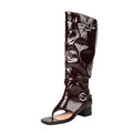 Plus Size Women Open Toe Thong Knee High Boots Metal Buckle Ruched Mid Block Heel Tall Sandal Boots Fashion Streetwear Long Boot