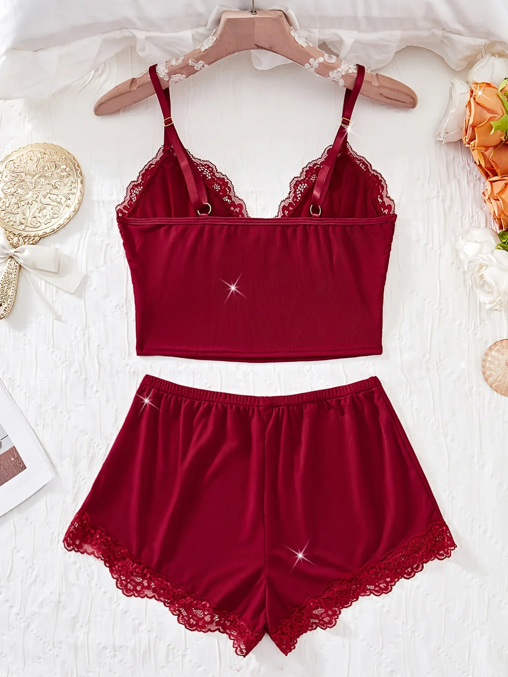 Women Sleepwear 2pcs Floral Contrast Lace Pajama Set V Neck Solid Color Bow Top & Shorts Suit Home Clothes Loungewear