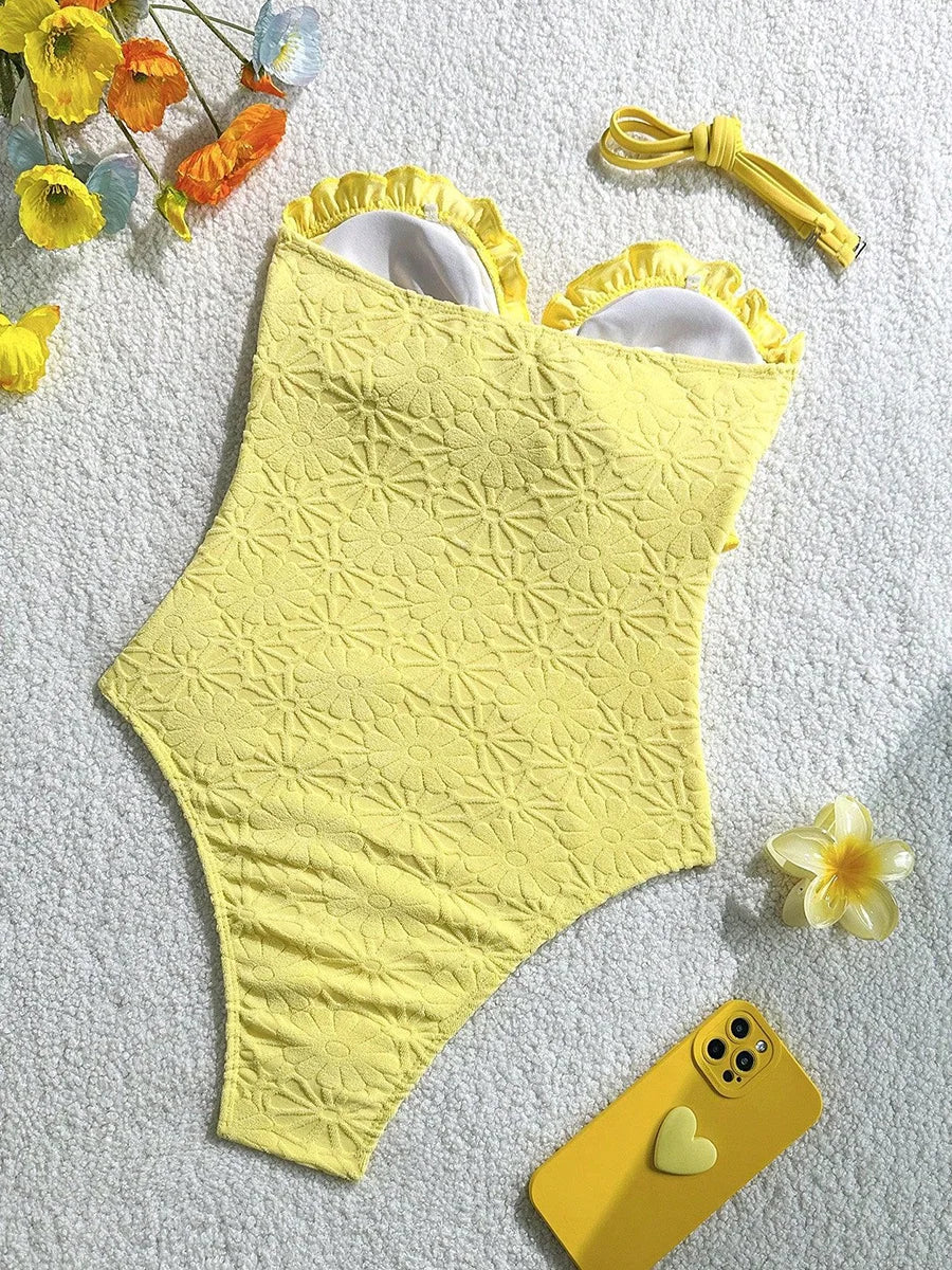 S - XL Floral Printed Strapless Ruffled Frilled One Piece Swimsuit Women Swimwear Female Monokini Knotted Bathing Suit Swim Lady