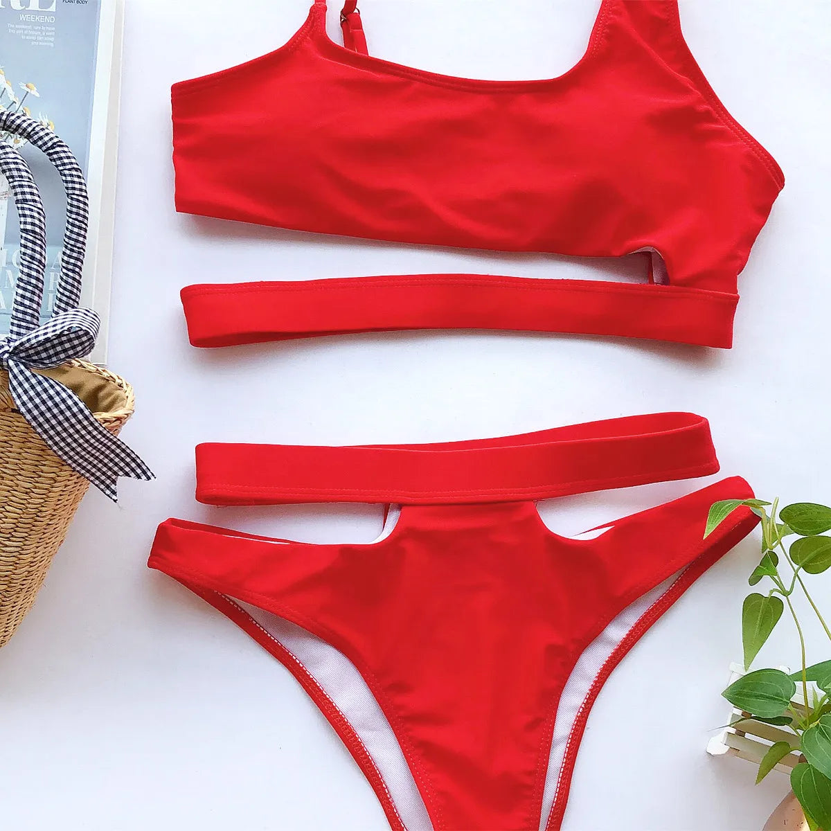 Bikini 2026 Sexy Swimwear Swimsuit Women Solid Hollow High Waist Red Bikinis Set Bathing Suit Beach Bikini Trajes De Bano Mujer