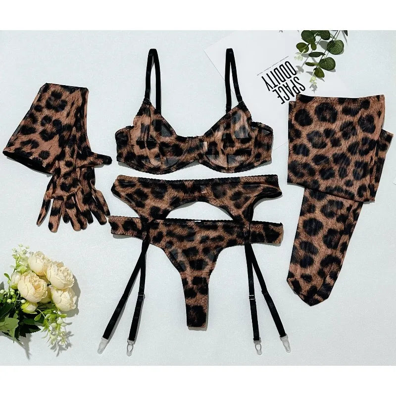 Toucheart Erotic Lingerie Leopard Print 5-piece Set with Gloves and Stockings Tie-dye Printed Sexy Hot Lingerie Suit for Women