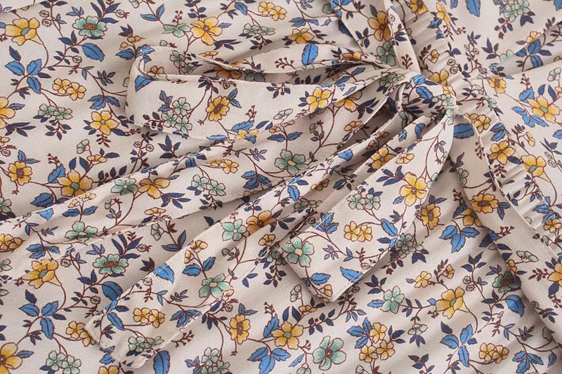 Floral Print Boho Long Dresses with Sleeves Vestidos Para Mujer Ruffles Sash Beach Casual New in Dress Loose Retro Sundress