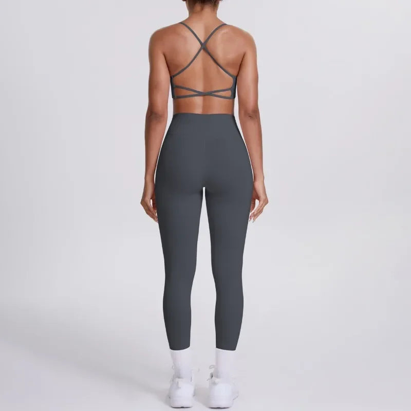 Women's Seamless Yoga Set Cross Back Sports Bra & High Waist Booty Lifting Yoga Leggings Gym Running Fitness Workout Outfit