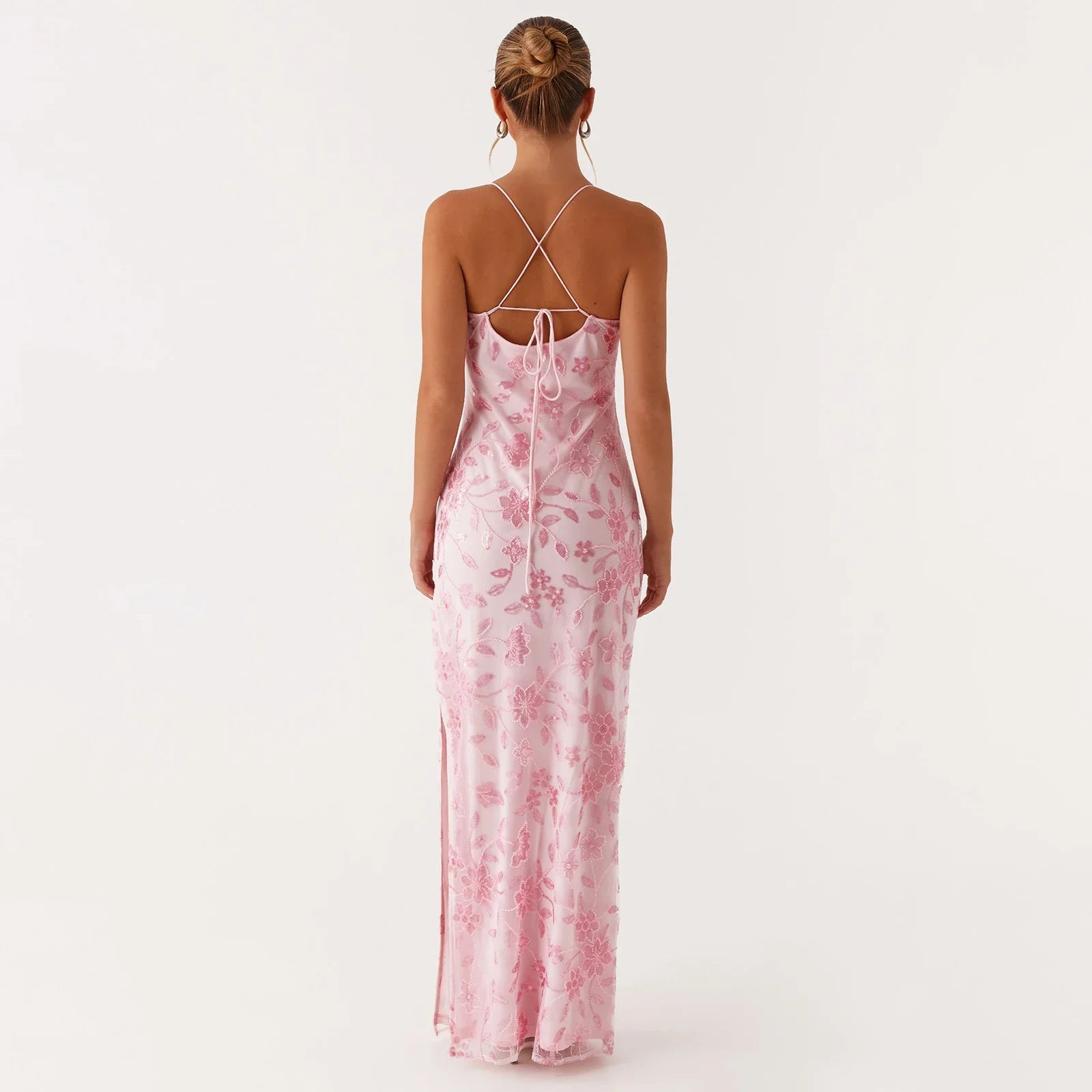 Women Summer Glitter Sequin Beaded Flower Cami Dress Slim High Split Spaghetti Strap Open Back Long Dresses for Party Club
