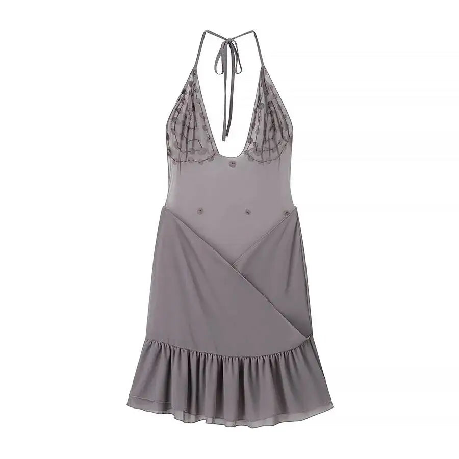 Women's Halter Neck Backless Shell Strap Dress Long Sleeve Ruffle Mini Dress For Women Neck Skirt Bodycon Dress Colors FMKU