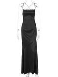 FDYOUI Women's Bandage Long Maxi Satin Dress Black 2026 Sexy Spaghetti Strap Slash Neck Backless Lace-up Party Evening Dresses