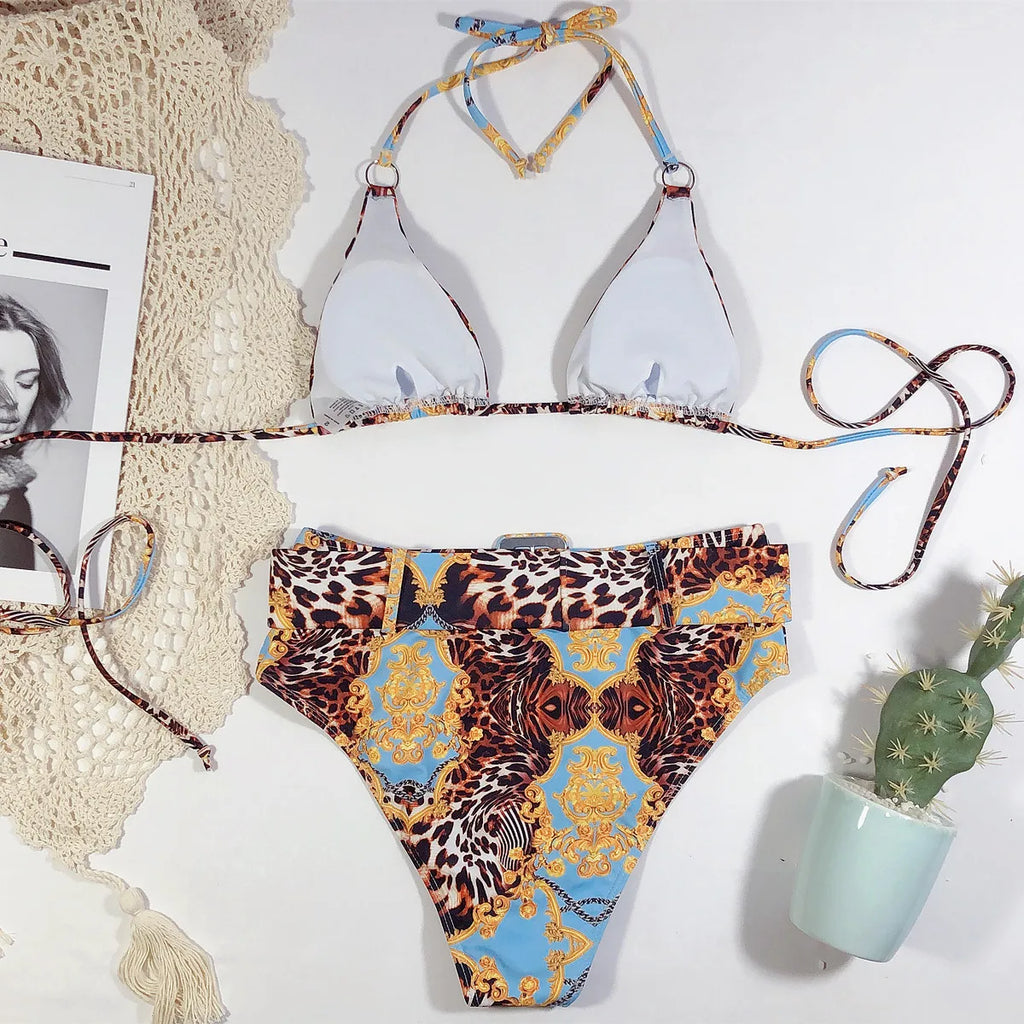 Bikini 2026 Sexy High waist Leopard print Bandage halter Swimwear Swimsuit Women Bikinis Set Bathing Suit Beach Bikini Female