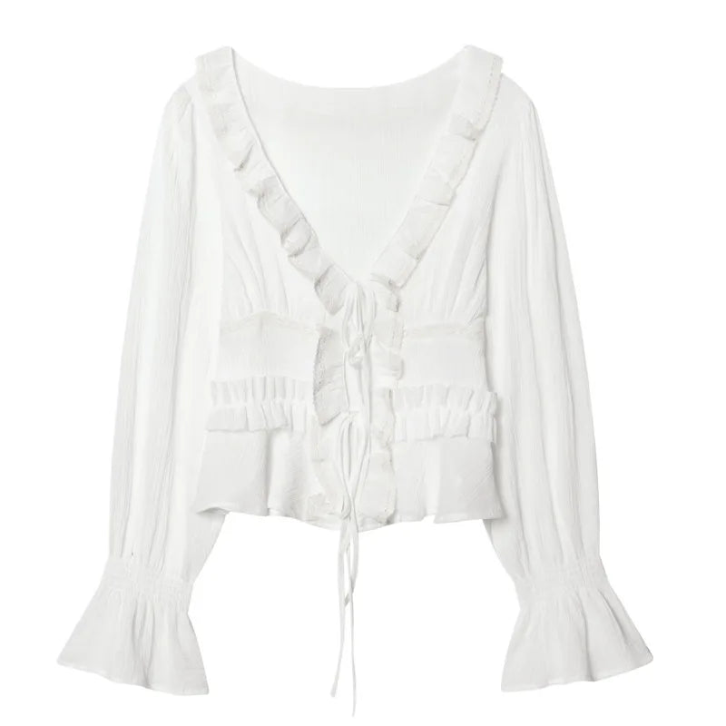 Women's Fashion Embroidered Tulle Blouse White Lace Ruffle Trim Tie Front Blouse Sleeve V Neck Casual For Women Daily Wear F4FI