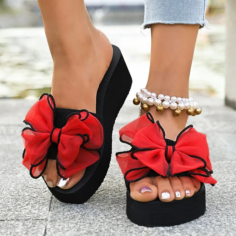2026 Summer Big Bowknot Platform Slippers Women Plus Size 42 Open Toe Wedges Sandals Woman Lightweight Casual Beach Flip Flops