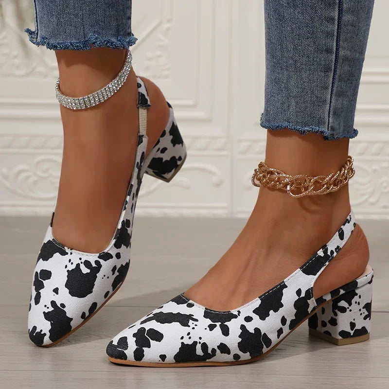 Zoki Fashion Leopard Print Thick Heel Sandals Women Back Strap High Heels Sandals Woman Plus Size 42 Pointed Toe Slingbacks