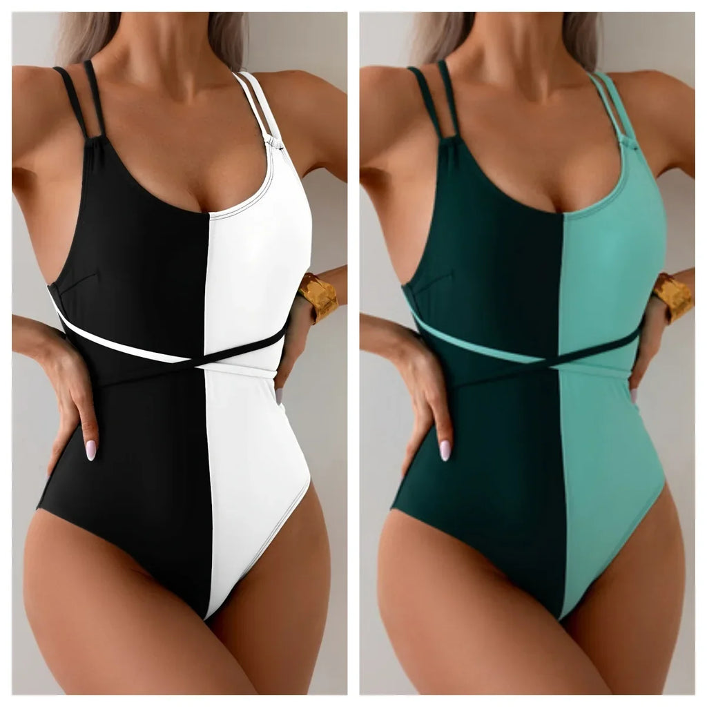 Vintage Black White Patchwork Swimwear Women 2025 Sexy Double Strap Bandage Cross Tummy Control Swimwear Summer Bathing Suits
