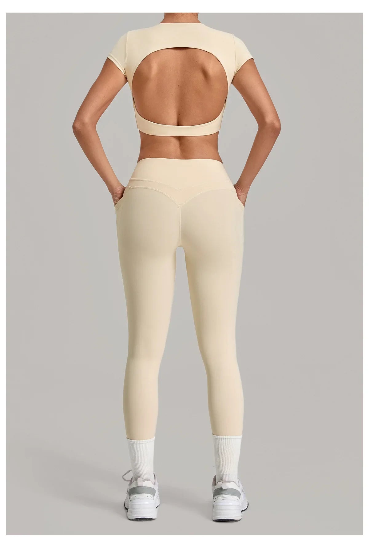 Yoga Set Women's Tracksuit Short Sleeve Back Hollow Out Sports Top Athletic Wear Tight High Waist Pocket Leggings Fitness Suits