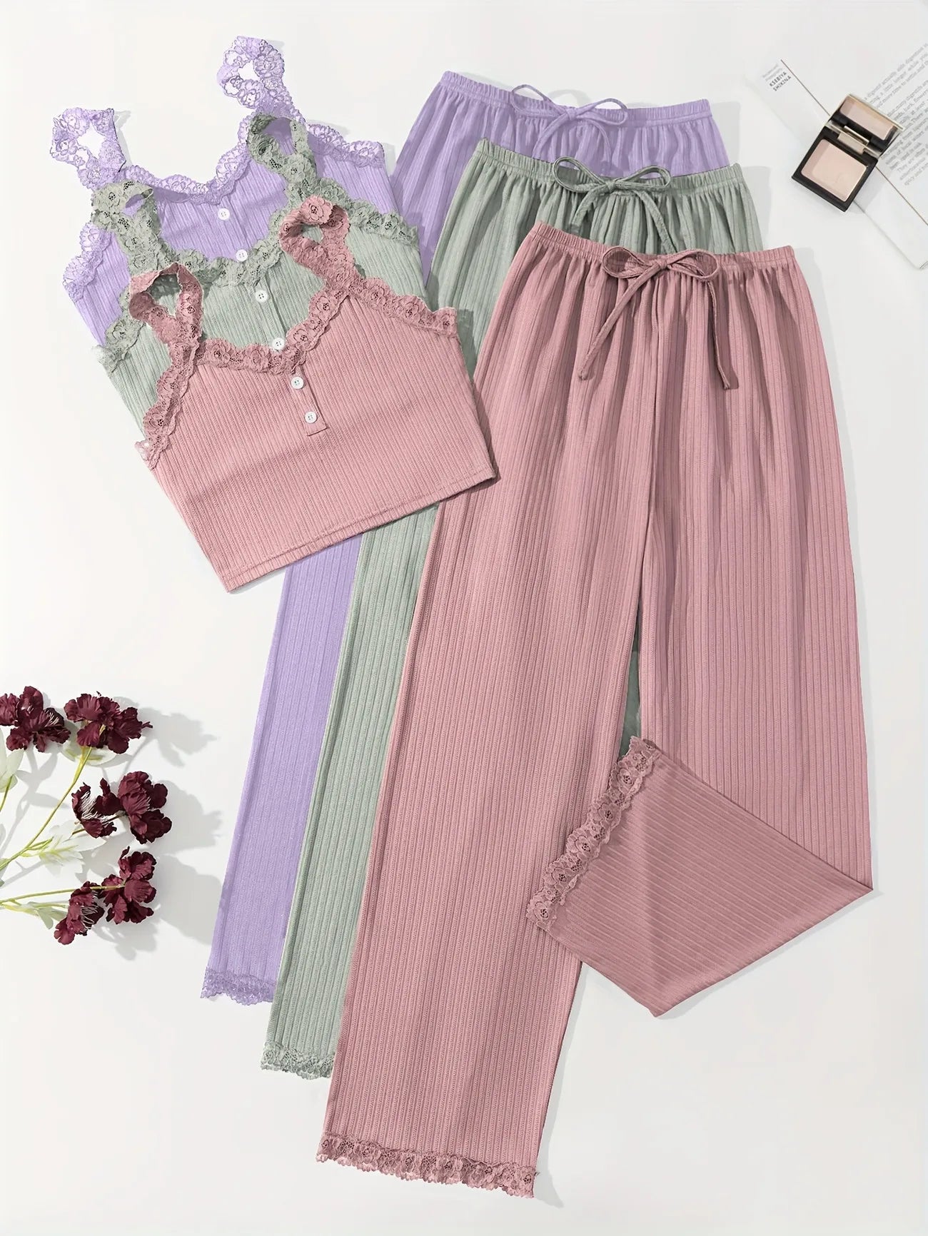 Women Ribbed Pajama Set Lace Trim Cami Top and Pants Sleepwear Soft Breathable Button Front Loungewear